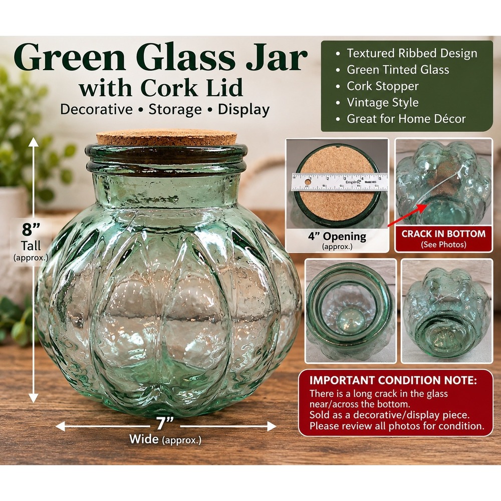 Vintage Style Green Glass Jar with Cork Lid Ribbed Textured Decorative 8in